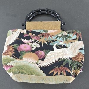 Black Floral & Crane Tote with Bamboo-Style Handle